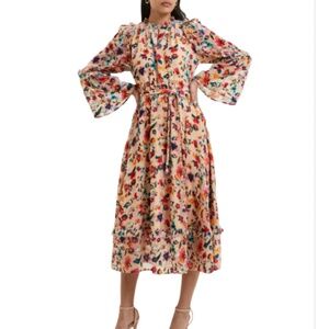 French Connection Floral Velvet Burnout Ruffle Midi Dress in Almond, Size 2